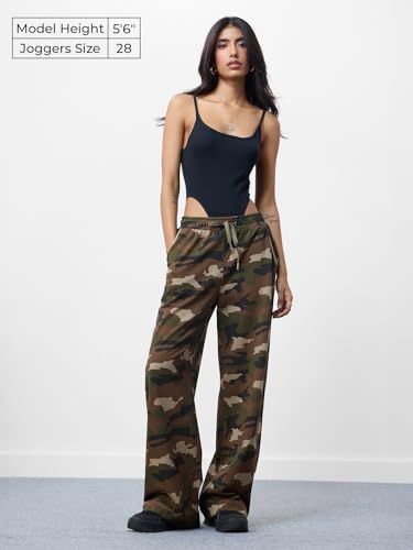 The Souled Store Sable Women and Girls Drawstringed Brown Camouflage Baggy Fit Cotton Flared Joggers