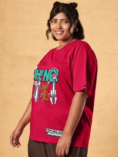 Bewakoof Official Tom & Jerry Merchandise Women Graphic Print Oversized Fit Half Sleeve Round Neck Cotton Jersey Plus Size Tshir