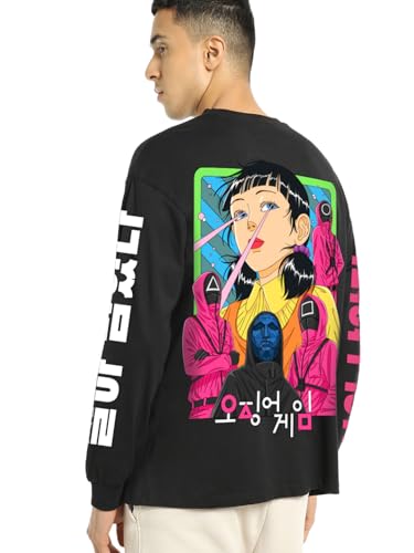 Bewakoof Official Squid Game Merchandise Squid Game Mens Graphic Print Oversized Fit Full Sleeve Round Neck Cotton T-Shirt_6573