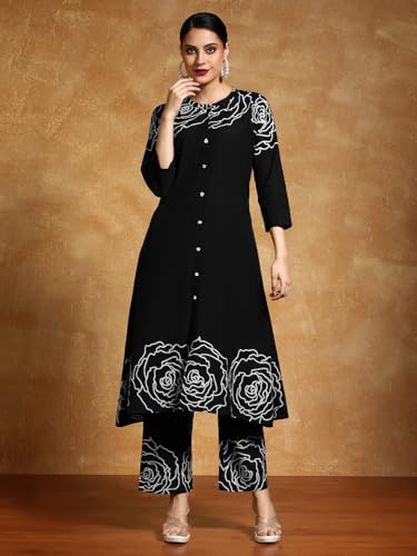Varanga Women-Bold Floral Placement Printed Flared Kurta With Trouser Black
