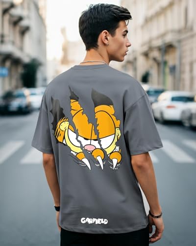 Bewakoof X Official Garfield Merchandise MenS Smiling Cat Graphic Printed 100% Cotton T-Shirt - Oversized Fit, Round Neck, Half