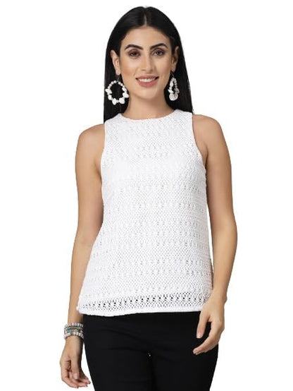 Style Quotient Women Smart Casual White Sleeveless Lace Top