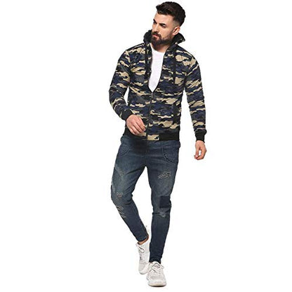 Campus Sutra Mens Light Blue Camouflage Regular Fit Cotton Jacket for Winter Wear | Hooded Collar | Full Sleeve | Zipper | Casu