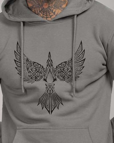 ADRO Men's Printed Hoodie, Steel Grey, Size 16.5, Model H24-BIRD-SG, Cotton Blend