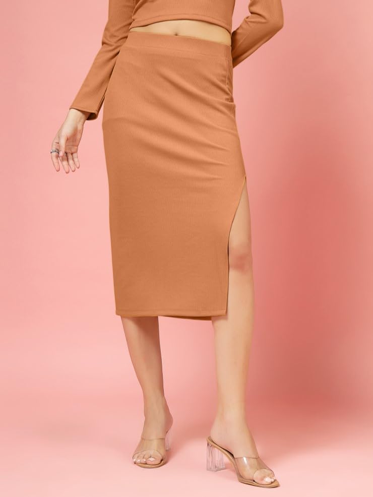 OOMPH! Ribbed Lycra Pencil Skirt with Side Slit for Women Orange - msk247