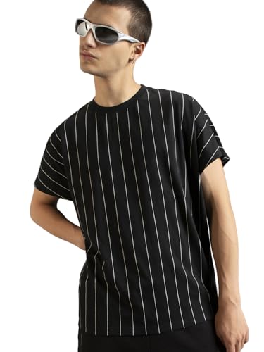 Bewakoof MenS Striped Super Loose Fit Sleeveless Round Neck Cotton Vest_569035_Black_M