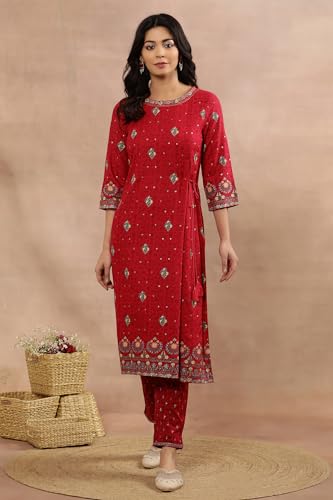 W Women Pink Festive Floral Print Viscose Straight Kurta set with Slim Pant