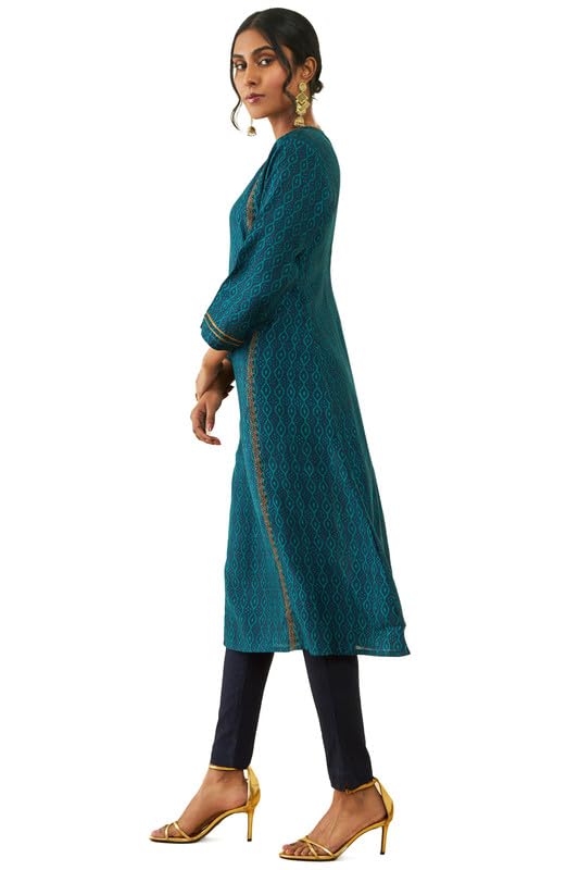 Soch Womens Navy Blue Muslin Printed A-Line Kurta With Zari Embroidery Details