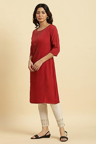 W for Woman Womens Polyester Polka Dot Regular Kurta (23AUSTKW10467-119293_Deep Red