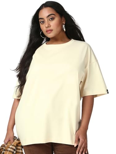 Bewakoof Womens Solid Oversized Fit Half Sleeve Round Neck Cotton Jersey Plus Size T-Shirt_659438_Beige_5XL