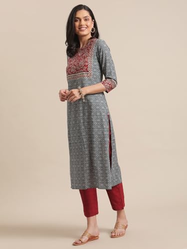 Varanga Women Blue And Maroon Printed Round Neck Straight Kurta With Contrast Printed Yoke And 3/4Th Regular Sleeves