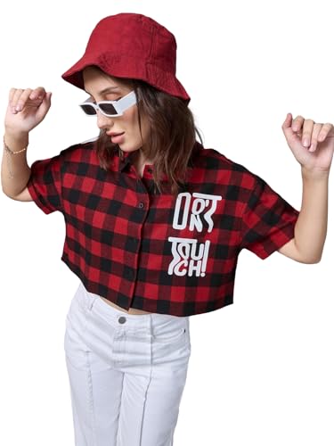 Bewakoof Official Disney Merchandise Womens Checked Oversized Fit Half Sleeve Collared Neck Cotton Blend Crop Shirt_617276_Red_