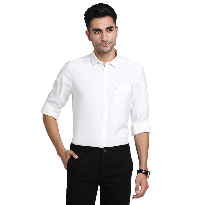Turtle Men Cotton Stretch White Solid Slim Fit Casual Shirts