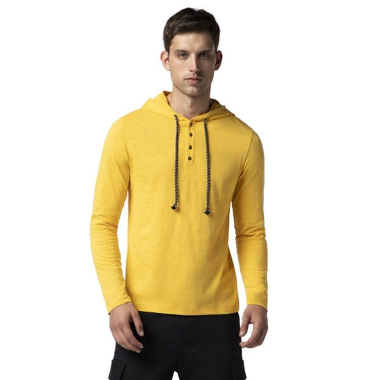 FYLTR Mens Casual Hoodie T-Shirt - Contrast Drawstring | Metal Button Accents | Casual Winterwear for Men Mellow Yellow