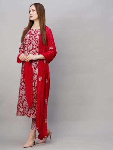 GoSriKi Ladies Cotton Blend Printed Kurta Set with Trousers & Dupatta, Large, Red, Model MEI PURPLE-NW-GS