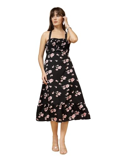 OOMPH! Womens Western & Fusion wear Printed Crepe Dress for Women, Smocked Bodice, Black - md1029