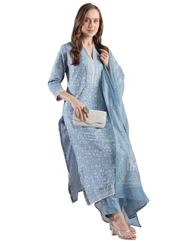 GoSriKi Womens Rayon Blend Straight Printed Kurta with Pant & Dupatta (SONEVA BLUE-VKS02-GS_5XL_Blue_XXXXX-Large)