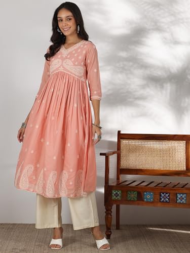 Libas WomenS Cotton Paisley A-Line Kurta (37198_Peach
