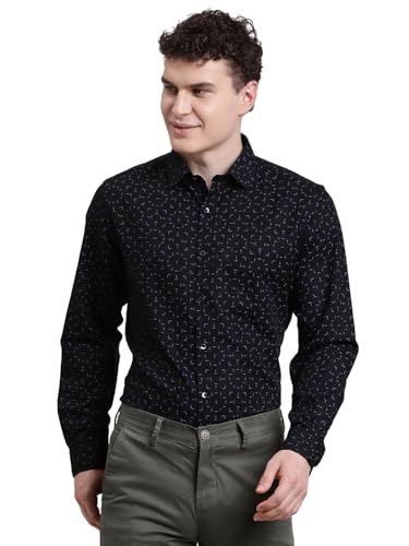 Turtle Men Regular Fit Printed Cotton Linen Black Formal Shirt