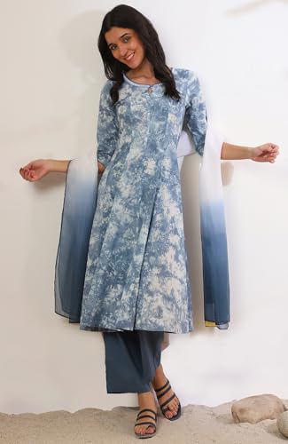 Aurelia Women's Blue Printed Flarred Kurta with Palazzo & Dupatta Set