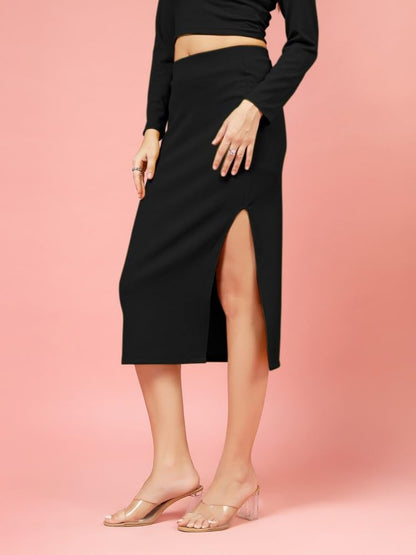 OOMPH! Ribbed Lycra Pencil Skirt with Side Slit for Women Black - msk127
