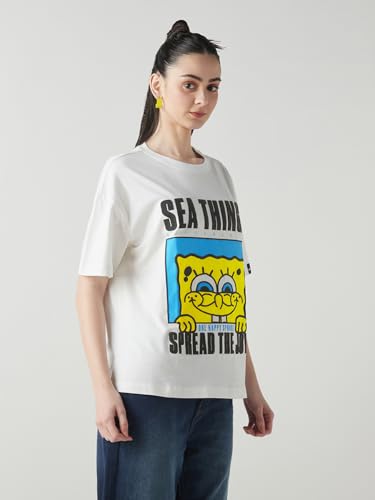 Bewakoof Official Spongebob Merchandise Womens Graphic Printed Oversized Fit Half Sleeve Round Neck Cotton Jersey T-Shirt_65129