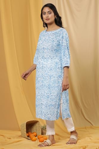 W for Woman White Floral Print Cotton Straight Kurta