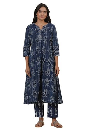 W for Woman Folksong Blue Printed Cotton A-Line Kurta