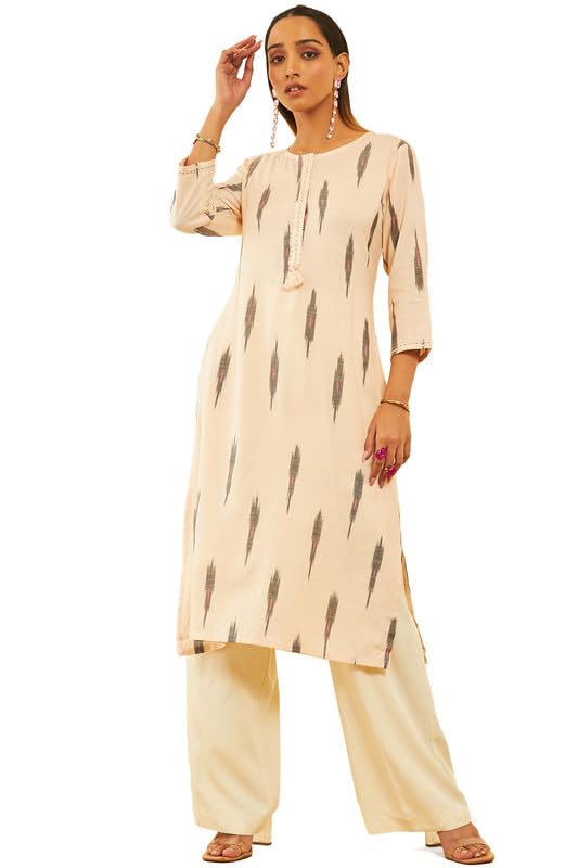 Soch Womens Beige Cotton Ikat Printed Straight Kurta With Sequins