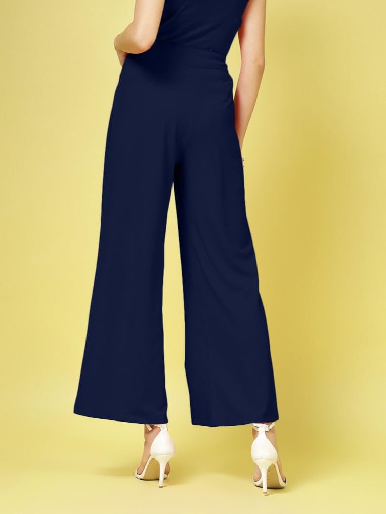 Womens Wide Leg Pants | Solid Blue Stretchable Polyester Trousers | Stylish Korean Clothing | Flared, Straight Fit, Baggy, and