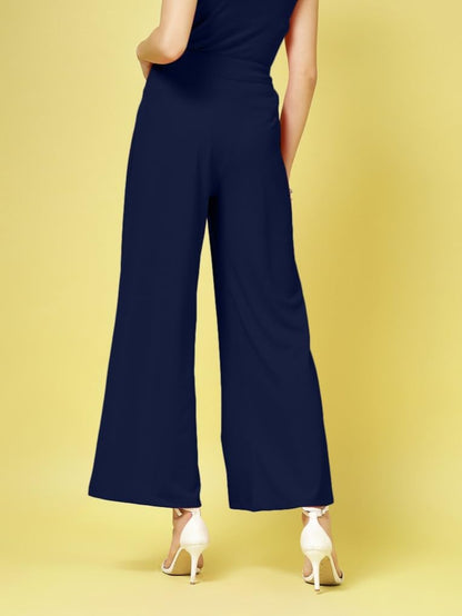 Womens Wide Leg Pants | Solid Blue Stretchable Polyester Trousers | Stylish Korean Clothing | Flared, Straight Fit, Baggy, and