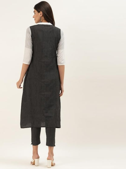 Varanga Women Black & White Striped Kurta with Trousers