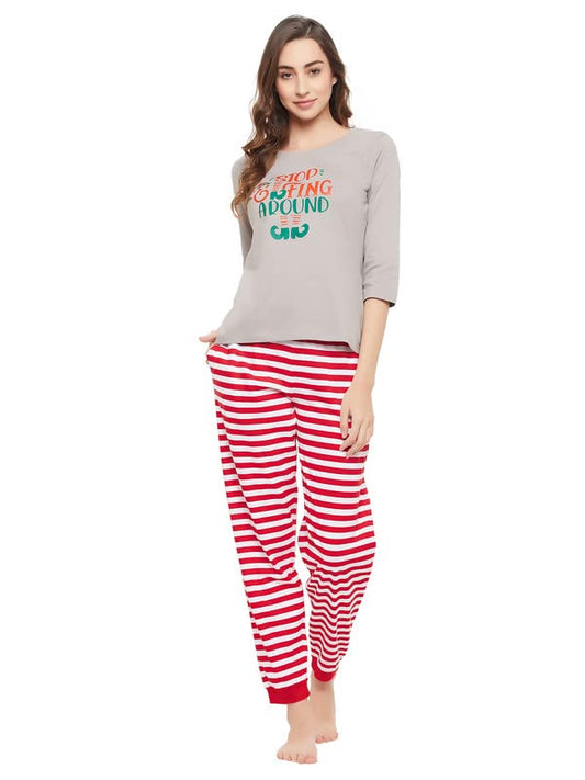 Clovia WomenS Cotton Christmas Print Top In Grey & Striped Joggers Set In Grey (Ls0671P01_Grey_Xl)