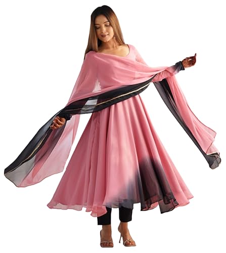 Gosriki WomenS Georgette Anarkali Solid Kurta With Pant & Dupatta (Sade Baby Pink-Vks01-Gs_Xl_Baby Pink_X-Large)