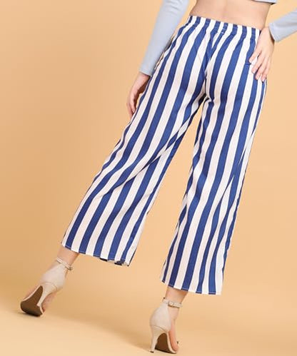 POPWINGS Casual Relaxed Fit Stripe Printed Trouser for Women for Summer | Casual Trouser for Women