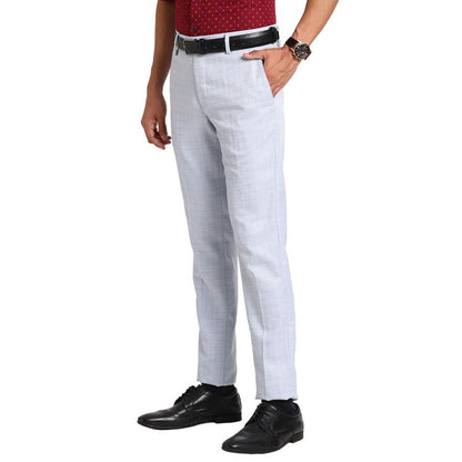 Turtle Men Poly Viscose Light Blue Checkered Ultra Slim Fit Flat Front Formal Trouser