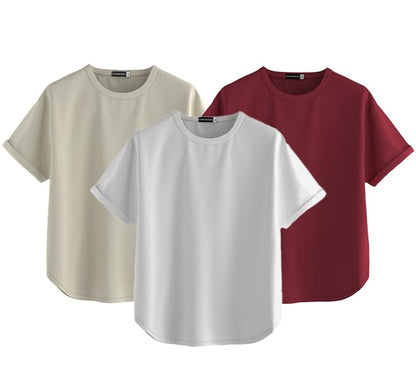 Juneberry Pure 100% Cotton Oversized Loose Baggy Fit Round Neck With Drop Shoulder White & Swanwhite & Maroon Half Sleeves Boyfr