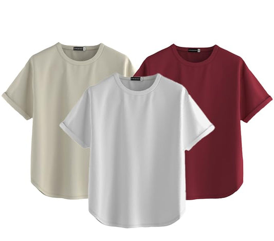 Juneberry Pure 100% Cotton Oversized Loose Baggy Fit Round Neck With Drop Shoulder White & Swanwhite & Maroon Half Sleeves Boyfr