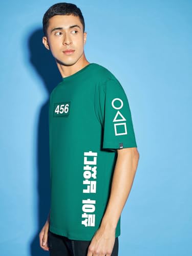 Bewakoof Official Squid Game Merchandise MenS Typography Oversized Fit Half Sleeve Round Neck Cotton Jersey T-Shirt_655110_Gree