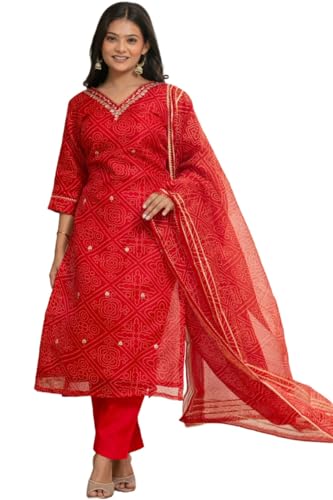 Anni Designer WomenS Rayon Viscose Straight Bandhej Printed Kurta With Pant And Dupatta (Silpika Red_Xxl_Red_Xx-Large)