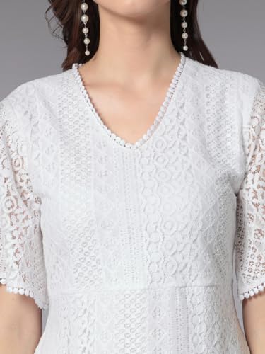 Style Quotient Women Smart Casual White Knee-Length Lace Dress