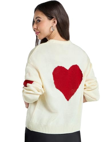 Bewakoof WomenS Self Design Oversized Fit Full Sleeve Round Neck Acrylic Sweater_680226_Off White_Xl