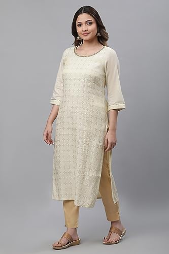 Aurelia Women's Off White Geometric Embroidered Cotton Blend Straight Kurta