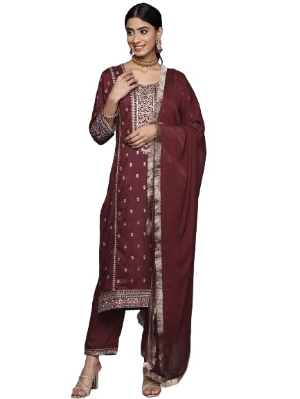 Varanga Women Maroon Embroidered Kurta Paired With Tonal Bottom And Dupatta