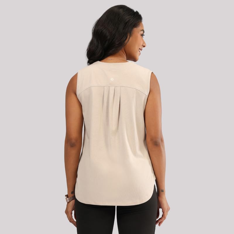 BlissClub Cotton Pro Sleeveless Work Top | Shoulder Pleats | V-Neck Design | Cotton-Poly-Modal Blend | Breathable Fabric | Moist