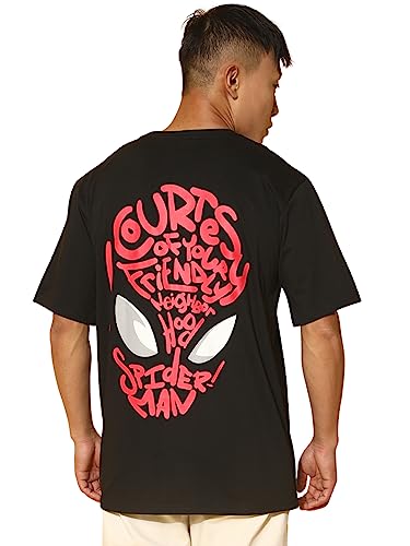 Veirdo Mens Cotton Oversized Fit Short Sleeve Round Neck Spiderman Graphic Print T-Shirt