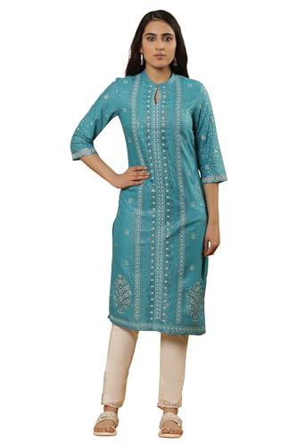 W for Woman W Women Blue Festive Floral Print Viscose Straight Kurta set with Slim Pant