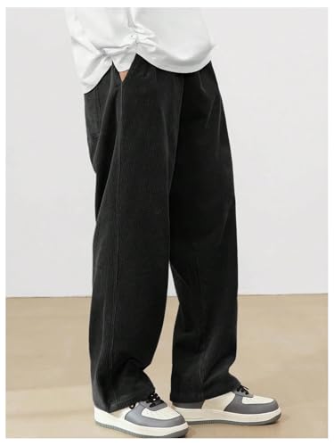 Avanova MenS Black Front Tie Loose Fit Corduroy Baggy Long Slacks Chino Pants With Slant Pocket Simple Casual Trousers, Going O