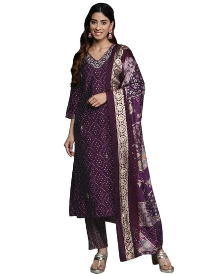 Varanga Women Zari and Beads Embroidered Kurta with Bottom and Dupatta
