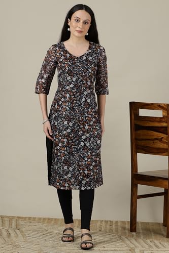 Aurelia WomenS Floral Printed Straight Kurta | V-Neck Kurta For Women | Printed Kurta For Women | Beautiful Regular Fit Kurta Fo